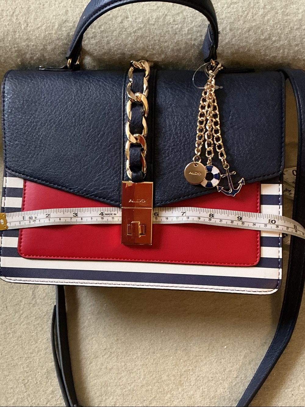 ALDO Navy, Red & White Striped Chain-Accent Satchel - Picture 6 of 7